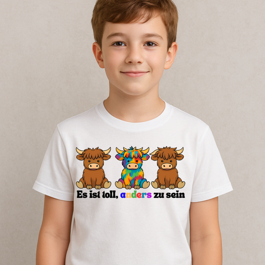 Kinder/ Teenie T-Shirt Es ist toll, anders zu sein, Bunte Kühe, Inklusion & Vielfalt, Autismus, Mutmacher, Geschenk zu Geburtstag, besonders