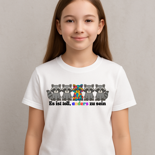 Kinder/ Teenie T-Shirt Es ist toll anders zu sein, Bunte Waschbären, Inklusion & Vielfalt, Autismus, Mutmacher,  Geburtstag, besonders